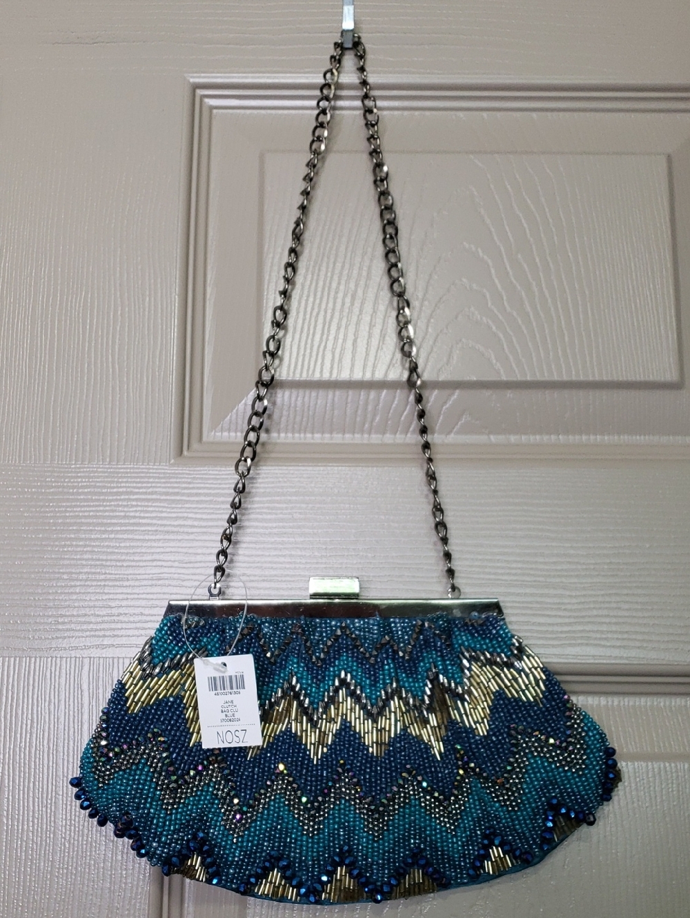 NWT CHICO'S Jane Clutch Beaded Chevron Evening Bag - Blue & Gold